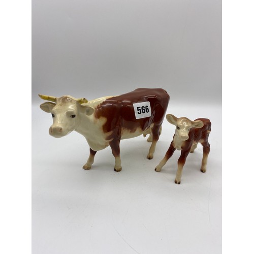 566 - BESWICK HEREFORD COW AND CALF BROWN AND WHITE GLOSS