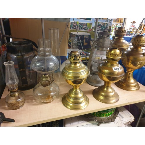 507 - HURRICANE LAMP AND BRASS AND GLASS OIL LAMPS