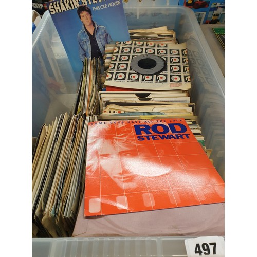 497 - LARGE CLEAR VINYL BOX OF VINYL 45 RECORDS FROM THE 60S 70S AND 80S