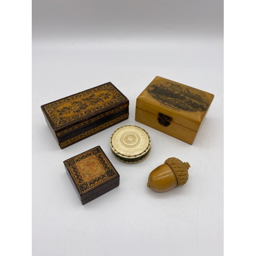 575 - TUNBRIDGE WARE STAMP BOX AND OBLONG BOX, MAUCHLINE WARE BOX OF STERLING CASTLE, ACORN BODKIN, AND A ... 