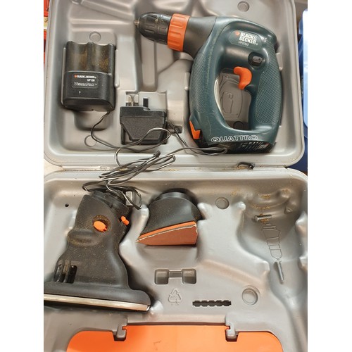 495 - CASED BLACK AND DECKER QUATRA VP2000 CORDLESS DRILL TOOL, BLACK AND DECKER SCORPION RECIPROCATING SA... 