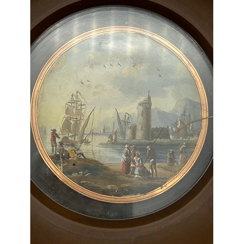 579 - 19TH CENTURY DUTCH SCHOOL OIL ON CANVAS MINIATURE OF FISHER FOLK BY RIVER IN A HARDWOOD ROUNDEL