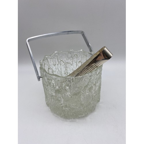 586 - FINNISH BARK DESIGN GLASS ICE BUCKET BY LITTALA AND PAIR OF TONGS