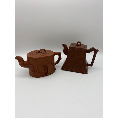 587 - TWO CHINESE REDWARE TEAPOTS WITH SEAL MARKS TO BASE