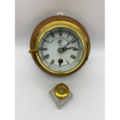 BRASS MARINE PORT HOLE CLOCK MADE FOR THE ROYAL NAVY LONDON IMPRESSED  LONDON 1920 ON WOODEN PLAQUE