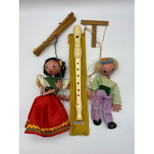 589 - TWO UNBOXED PELHAM PUPPETS AND A JAPANESE DESCANT RECORDER