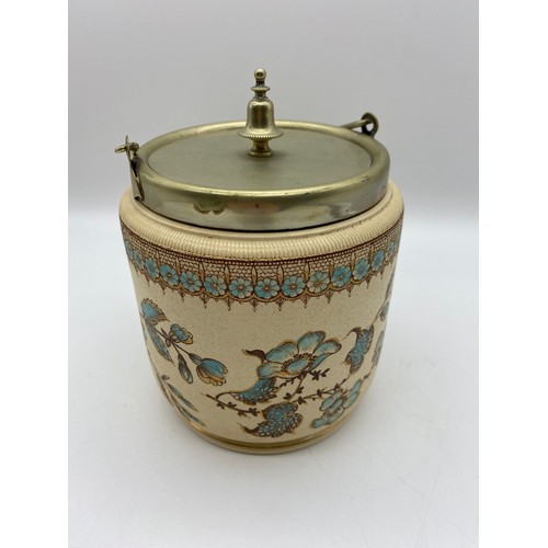 591 - ART NOUVEAU TAYLOR TUNNICLIFFE STONEWARE BISCUIT BARREL WITH EPNS MOUNTS AND SWING HANDLE