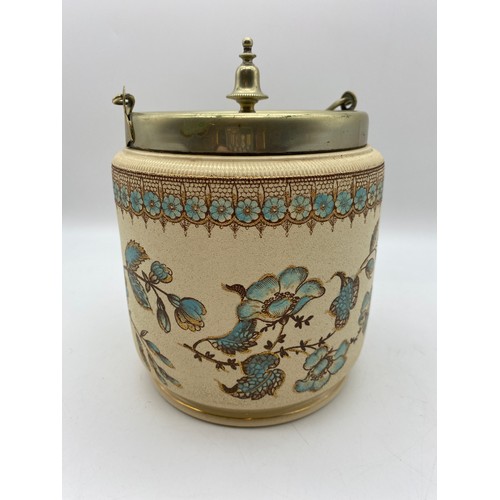 591 - ART NOUVEAU TAYLOR TUNNICLIFFE STONEWARE BISCUIT BARREL WITH EPNS MOUNTS AND SWING HANDLE