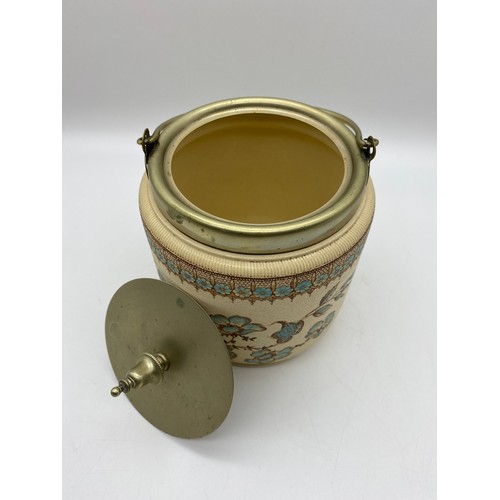 591 - ART NOUVEAU TAYLOR TUNNICLIFFE STONEWARE BISCUIT BARREL WITH EPNS MOUNTS AND SWING HANDLE