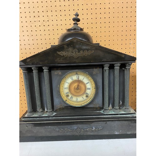 594 - 19TH CENTURY BLACK SLATE ARCHITECTURAL MANTLE CLOCK A/F