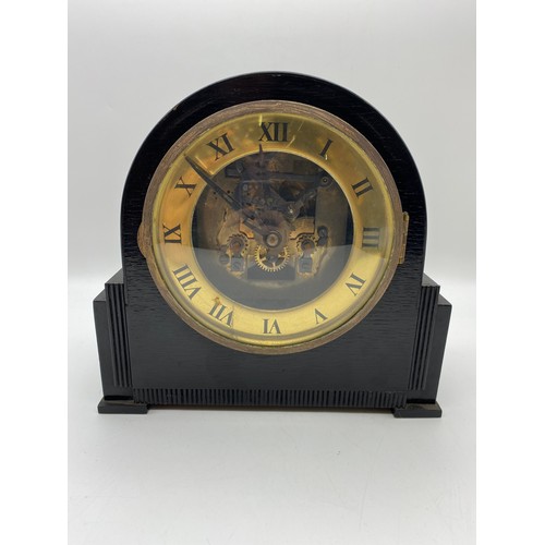 598 - 20TH CENTURY STEPPED ARCH CASED MANTLE CLOCK WITH BRASS CHAPTER RING AND OPEN MOVEMENT