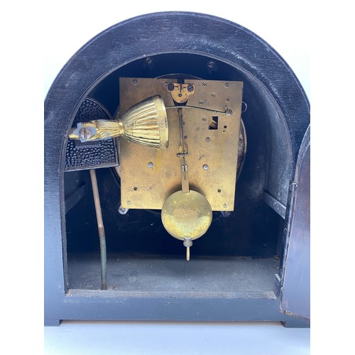 598 - 20TH CENTURY STEPPED ARCH CASED MANTLE CLOCK WITH BRASS CHAPTER RING AND OPEN MOVEMENT