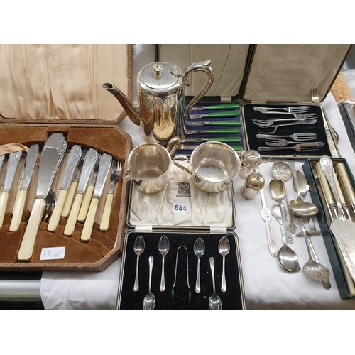 684 - HOTEL PLATE COFFEE POT, CASED BUTTER KNIVES, DESSERT FORKS, AND OTHER MISCELLANEOUS FLATWARE