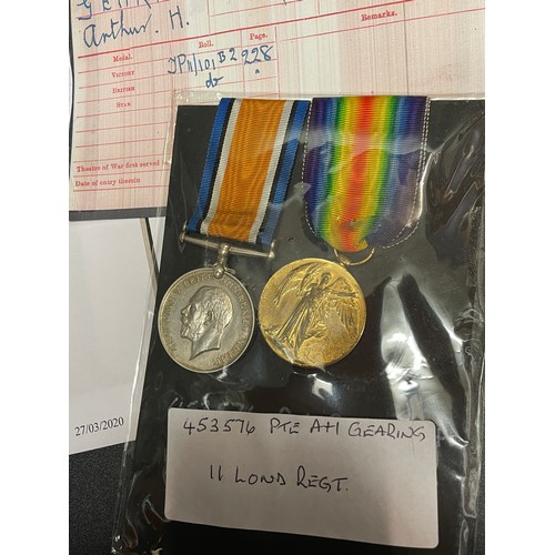 603 - WWI MEDAL DUO TO 453576 PTE A.H GEARING 11 LOND REG AND RELATED EPHEMERA