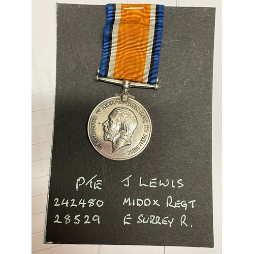 615 - WWI MEDAL 1914 1918 242480 PTE J. LEWIS MIDD XR AND EPHEMERA