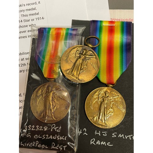 609 - TWO WWI MEDALS 8442 PTE H.J. SMITH RAMC AND ANOTHER FOR 3328 PTE FG OLSZANSKI LIVERPOOL REGIMENT, AN... 