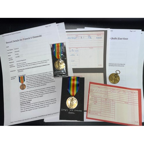 609 - TWO WWI MEDALS 8442 PTE H.J. SMITH RAMC AND ANOTHER FOR 3328 PTE FG OLSZANSKI LIVERPOOL REGIMENT, AN... 