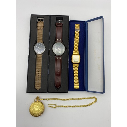 642 - THREE BOXED GENTS WRIST WATCHES, AND A FULL HUNTER PLATED CASED POCKET WATCH AND PLATED ALBERT CHAIN