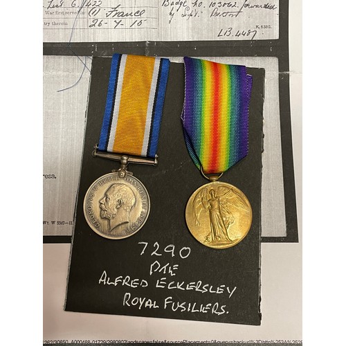 605 - WWII MEDAL DUO 7290 TO PTE A. ECKERSLEY OF THE ROYAL FUSILIERS