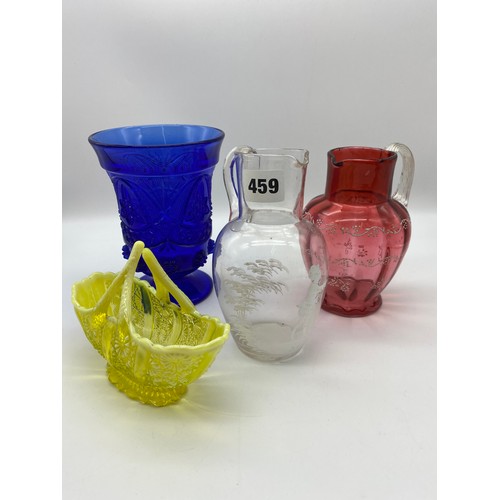 459 - SELECTION OF LATE VICTORIAN/EDWARDIAN PERIOD MARY GREGORY STYLE, CRANBERRY AND URANIUM GLASS WARE