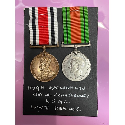 621 - GEORGE V MEDAL FAITHFUL SERVICE IN SPECIAL CONSTABULARY TO HUGH MACLACHLAN AND WWII DEFENCE MEDAL