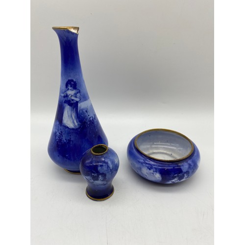 694 - ROYAL DOULTON FLO BLUE SQUAT BOWL, MINIATURE BALUSTER VASE, AND A TAPERED VASE A/F