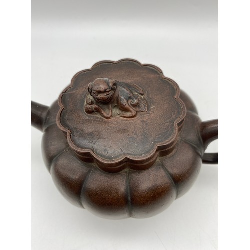 691 - CHINESE REDWARE RIBBED TEAPOT HAIRLINE TO LID