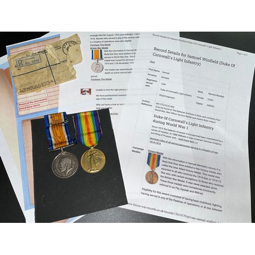 610 - WWI MEDAL DUO TO 2208 PTE S. WINFIELD D OF CORN L.I AND EPHEMERA