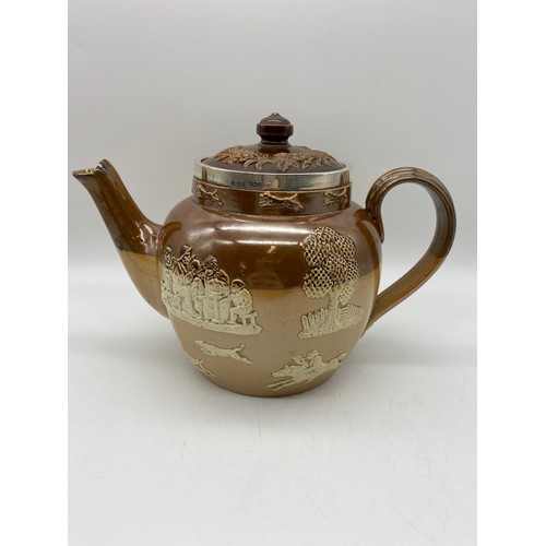 537 - SILVER COLLARED STONEWARE HUNTING TEAPOT