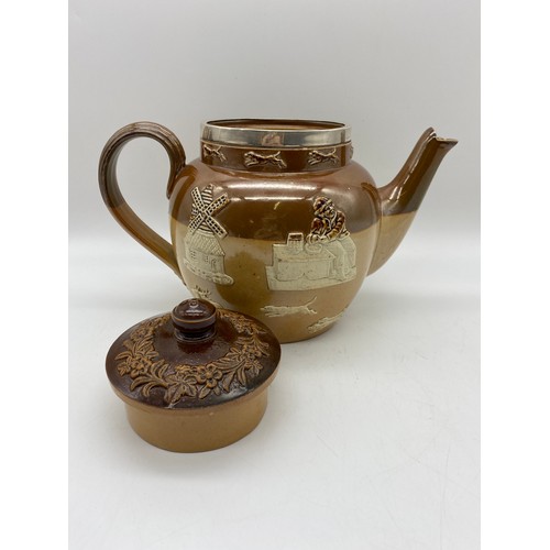 537 - SILVER COLLARED STONEWARE HUNTING TEAPOT