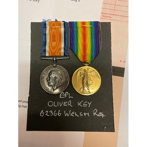 634 - WWI MEDAL DUO 62366 TO CPL O.KEY WELSH R