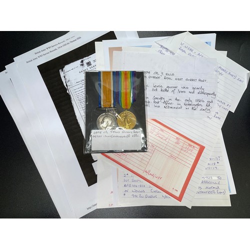 608 - WWI MEDAL DUO TO 6898 CPL T. HILLS QUEEN REGIMENTS WITH EPHEMERA