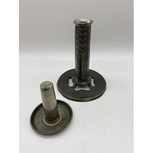 538 - PAIR OF ART NOUVEAU PEWTER TUDRIC CANDLE STICKS STAMPED 022