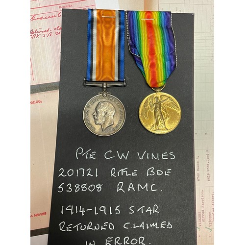 628 - WWI MEDAL DUO 201721 PTE C.W. VINES RIF.BRIG