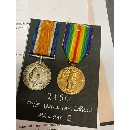 617 - WWI MEDAL DUO 2150 PTE W.H. LARKIN MANCH.R