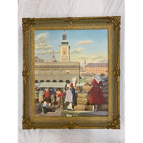 713 - SAMUEL E WHARTON A.I.A.L OIL ON CANVAS ENTITLED MARKETING PRODUCE ZAGREB YUGOSLAVIA SIGNED AND DATED... 