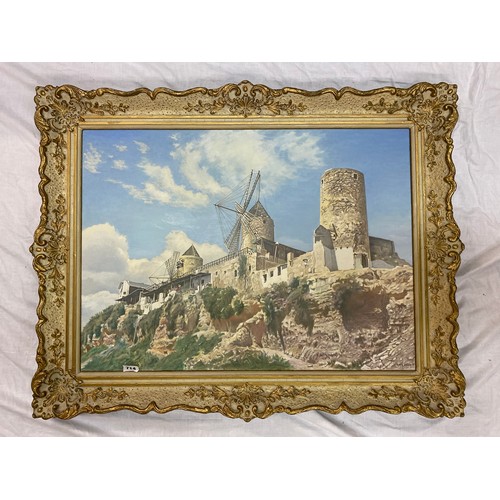 714 - SAMUEL E WHARTON A.I.A.L OIL ON CANVAS SPANISH COASTAL LANDSCAPE WITH WINDMILLS SIGNED AND DATED '71... 