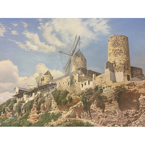 714 - SAMUEL E WHARTON A.I.A.L OIL ON CANVAS SPANISH COASTAL LANDSCAPE WITH WINDMILLS SIGNED AND DATED '71... 