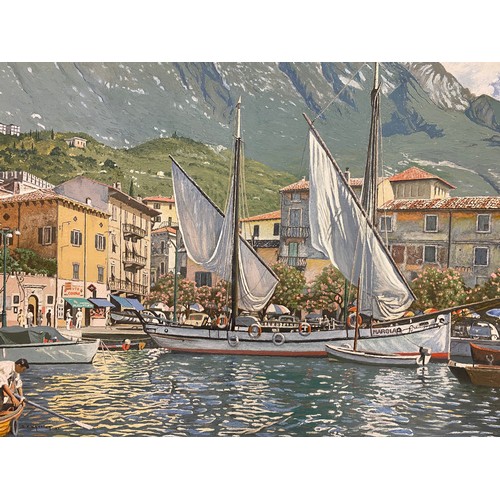 716 - SAMUEL E WHARTON A.I.A.L OILS ON CANVAS ENTITLED MALCESINE LAKE GARDA ITALY SIGNED AND DATED 62 FRAM... 