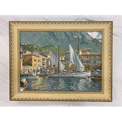 716 - SAMUEL E WHARTON A.I.A.L OILS ON CANVAS ENTITLED MALCESINE LAKE GARDA ITALY SIGNED AND DATED 62 FRAM... 