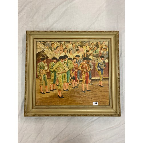 717 - SAMUEL E WHARTON A.I.A.L OIL ON CANVAS MATADORS IN LINE FOR PARADE SIGNED AND DATED 57 FRAMED 46CM X... 