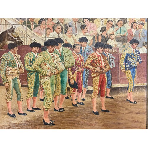 717 - SAMUEL E WHARTON A.I.A.L OIL ON CANVAS MATADORS IN LINE FOR PARADE SIGNED AND DATED 57 FRAMED 46CM X... 