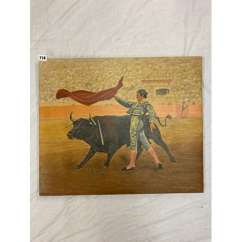 718 - SAMUEL E WHARTON A.I.A.L  OIL ON CANVAS THE MATADOR SIGNED AND DATED 64 UNFRAMED 61CM X 51CM APPROX