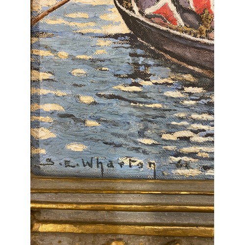 719 - SAMUEL E WHARTON A.I.A.L OIL ON CANVAS ENTITLED BY THE SANTA MARIA VENICE SIGNED, STAMPED FRENCH SAL... 