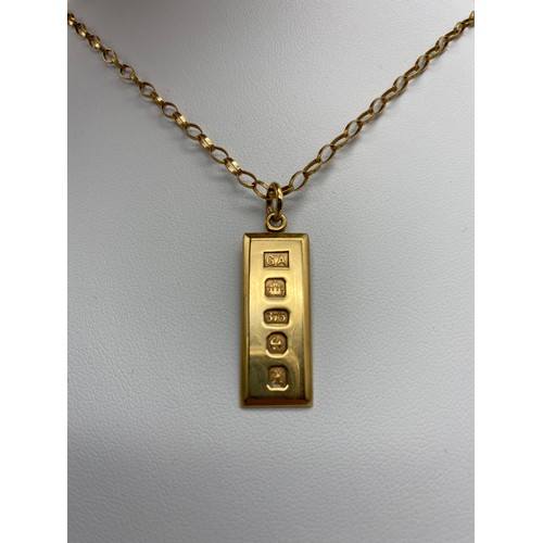 673 - 9CT GOLD INGOT PENDANT ON A BELCHER LINK CHAIN 8G APPROX