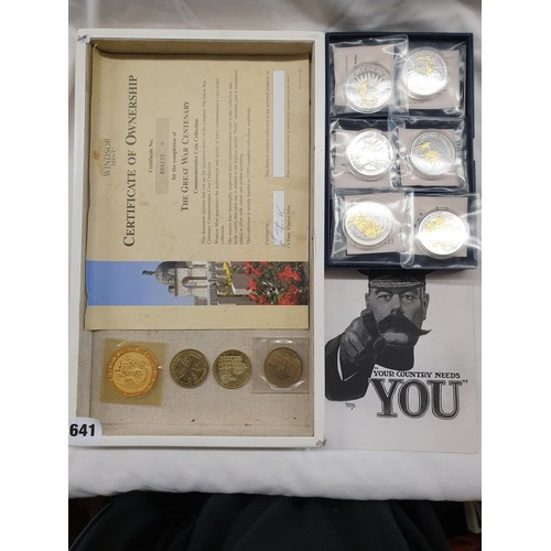 641 - SIX COMMEMORATIVE PROOF COINS WWI CENTENARY WITH CERTIFICATE BY THE WINDSOR MINT AND OTHER MEDALLION... 