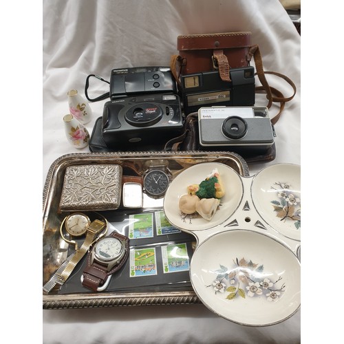 700 - CARTON - CAMERAS, SILVER PLATED DISH, CIGARETTE CASE, AND SOME WATCHES, etc