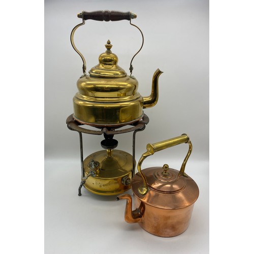 458 - SWEDISH BRASS PRIMUS STOVE AND KETTLE AND A SMALL COPPER KETTLE