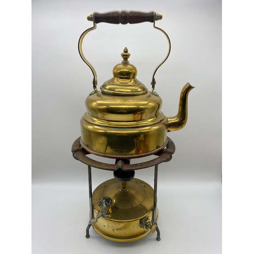 458 - SWEDISH BRASS PRIMUS STOVE AND KETTLE AND A SMALL COPPER KETTLE