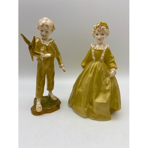 688 - ROYAL WORCESTER FIGURES GRANDMOTHERS DRESS AND THE PARAKEET BY F.G DOUGHTY WING REGLUED